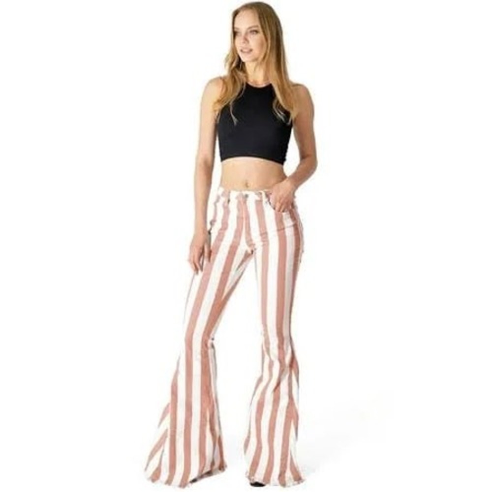 Saints & Hearts Brown White Striped Bell Bottom Flare Jeans SIP6106C Large